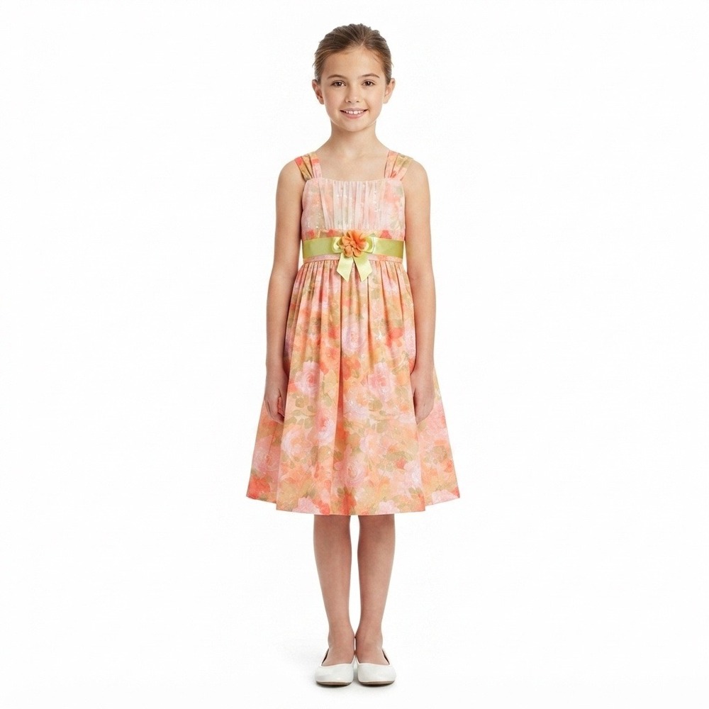 Bonnie Jean Girls Dress 10-12 Peach Floral Party Dress Sash Orange Pink
